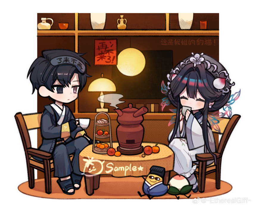 1boy, 1girl, absurdres, artist_name, black_eyes, black_footwear, black_hair, chair, chibi, chinese_clothes, closed_eyes, closed_mouth, cup, dongpo_jin_(headwear), dress, english_text, ethereal_giff, food, fruit, futao_ping_(wuhua_mixin), hair_bun, hair_intakes, hanfu, hat, highres, holding, holding_cup, jiaoling_ruqun, jin_(headwear), kettle, lamp, long_hair, long_sleeves, pants, peach, short_hair, sitting, steam, stool, table, teacup, teapot, white_background, wide_sleeves, wuhua_mixin