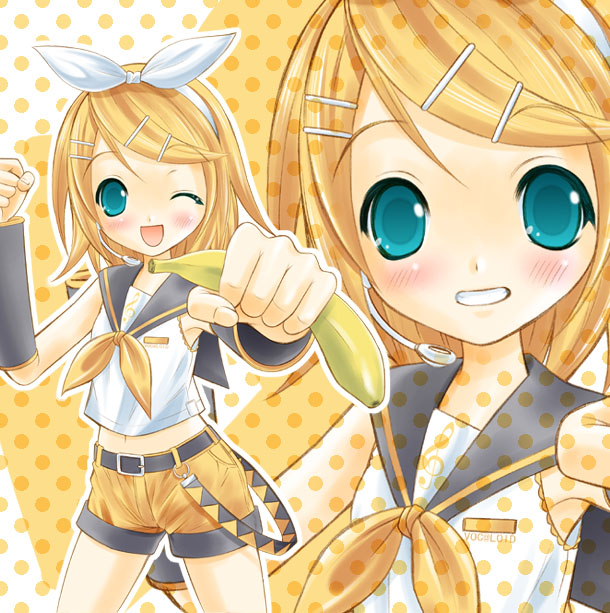 1girl, aqua_eyes, banana, blonde_hair, blouse, blush, female_focus, food