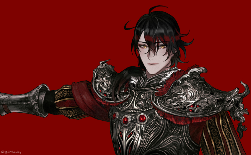 1boy, armor, commentary, cosplay, elden_ring, english_commentary, expressionless, hair_between_eyes