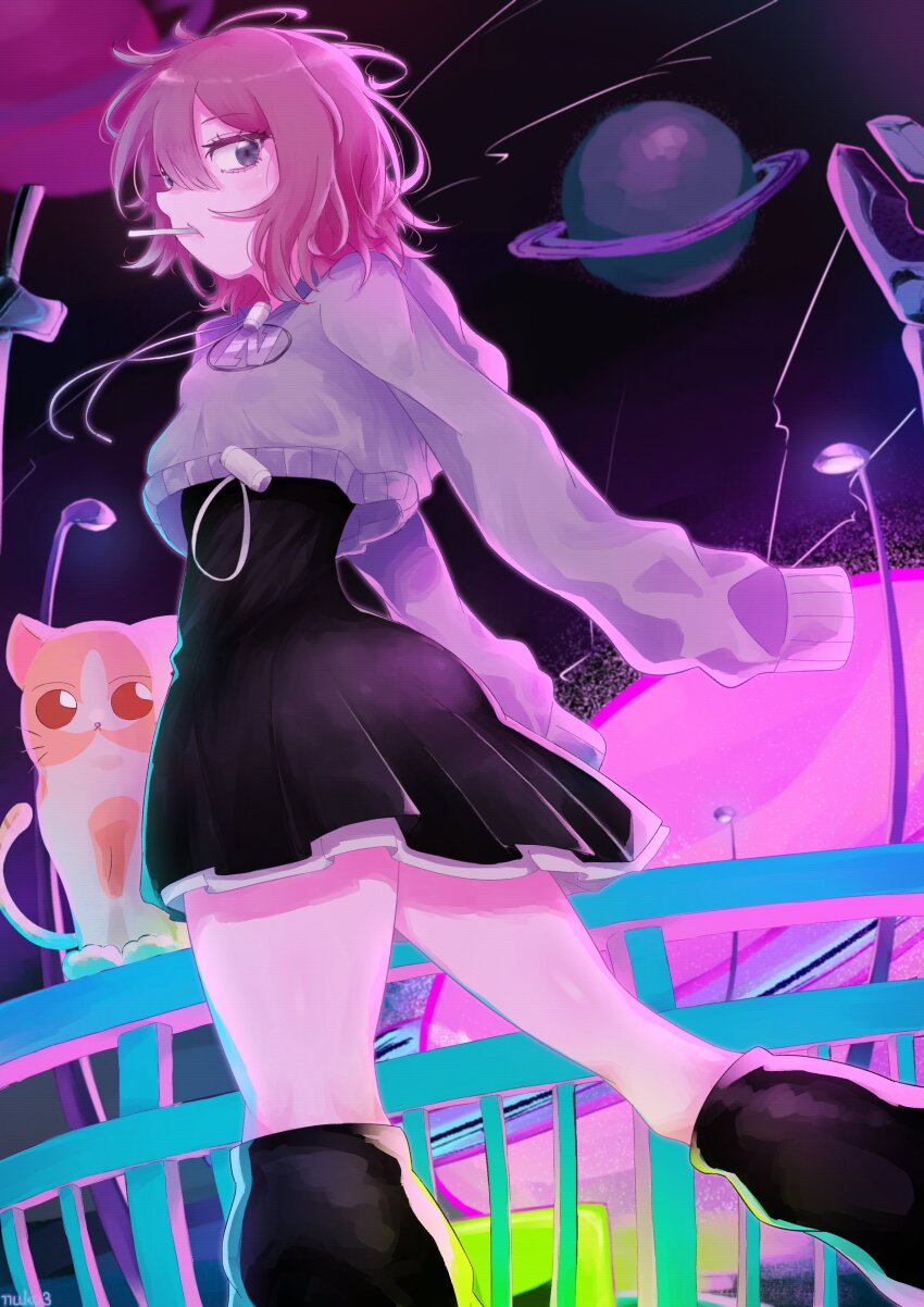 1girl, absurdres, black_dress, black_leg_warmers, cat, cropped_hoodie, dress, dress_under_hoodie, ginger_strings_(kaiba_seichoutsuu)_(zutomayo), ginger_strings_(zutomayo), grey_hoodie, highres, hood, hood_down, hoodie, kaiba_seichoutsuu_(zutomayo), leg_warmers, looking_at_viewer, nira-chan, nira-chan_(kaiba_seichoutsuu)_(zutomayo), nuko3man, pink_hair, purple_eyes, saturn_(planet), sleeves_past_fingers, sleeves_past_wrists, zutto_mayonaka_de_ii_no_ni