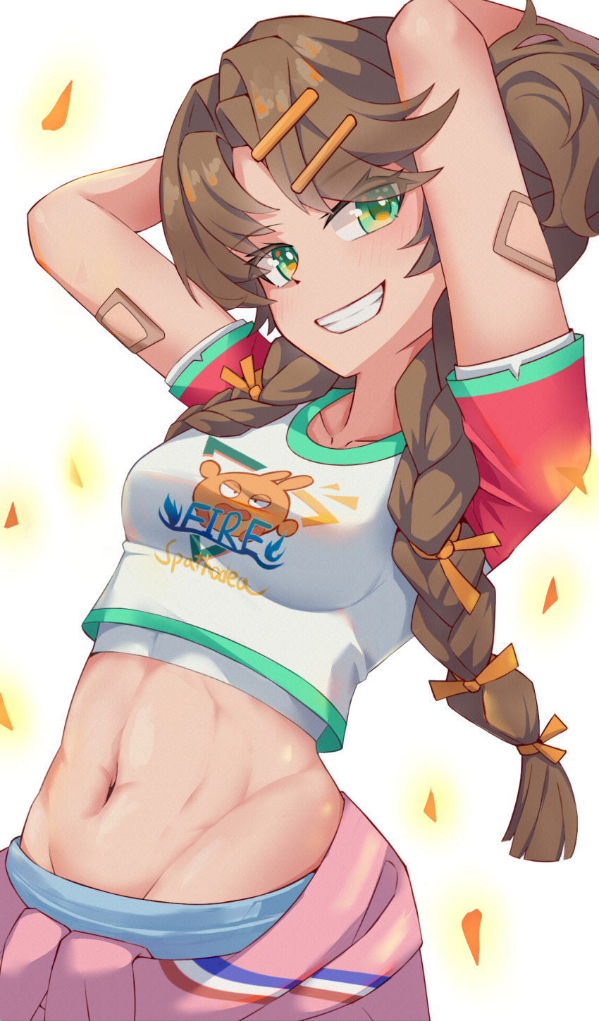 1girl, abs, akaruii_31, arm_up, arms_behind_head, braid, breasts, brown_hair