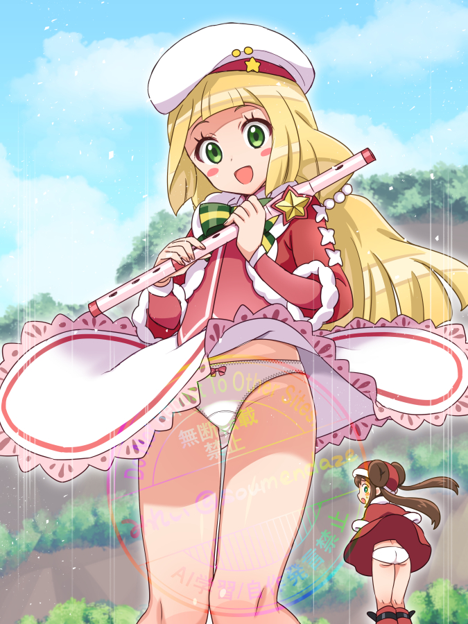 2girls, :d, beret, blonde_hair, blunt_bangs, cloud, commentary_request, day