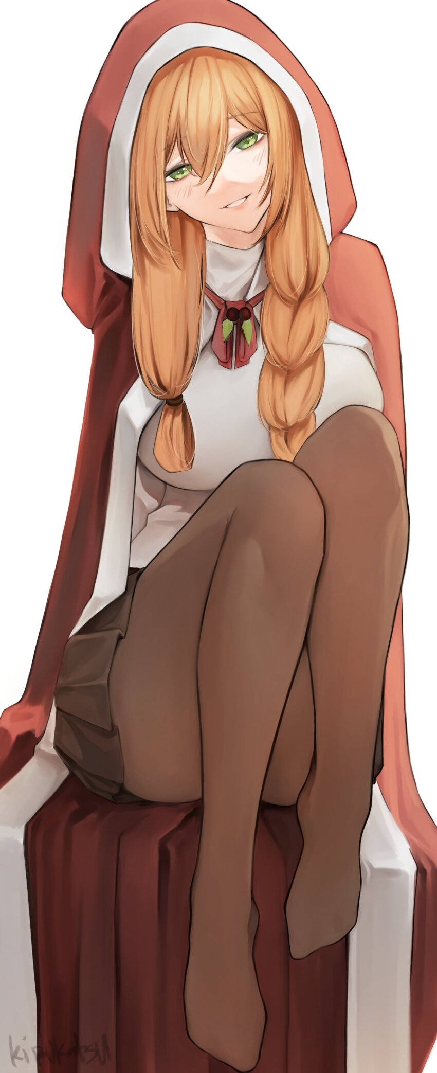 1girl, absurdres, artist_name, black_skirt, breasts, brown_pantyhose, cloak, commentary