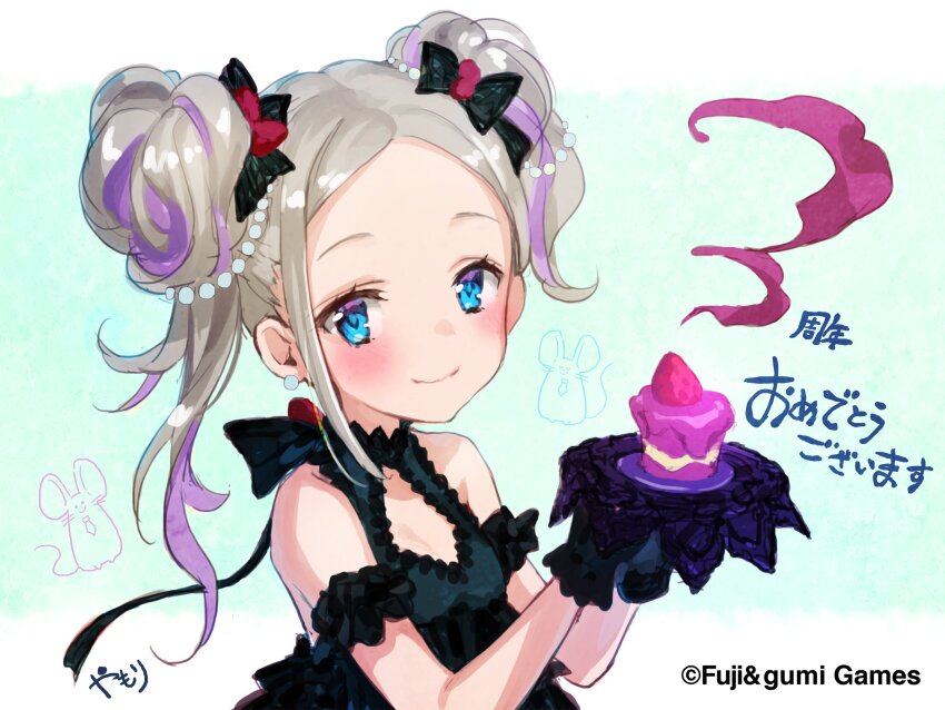 1girl, absurdres, anniversary, artist_name, black_bow, black_dress, blue_eyes, bow