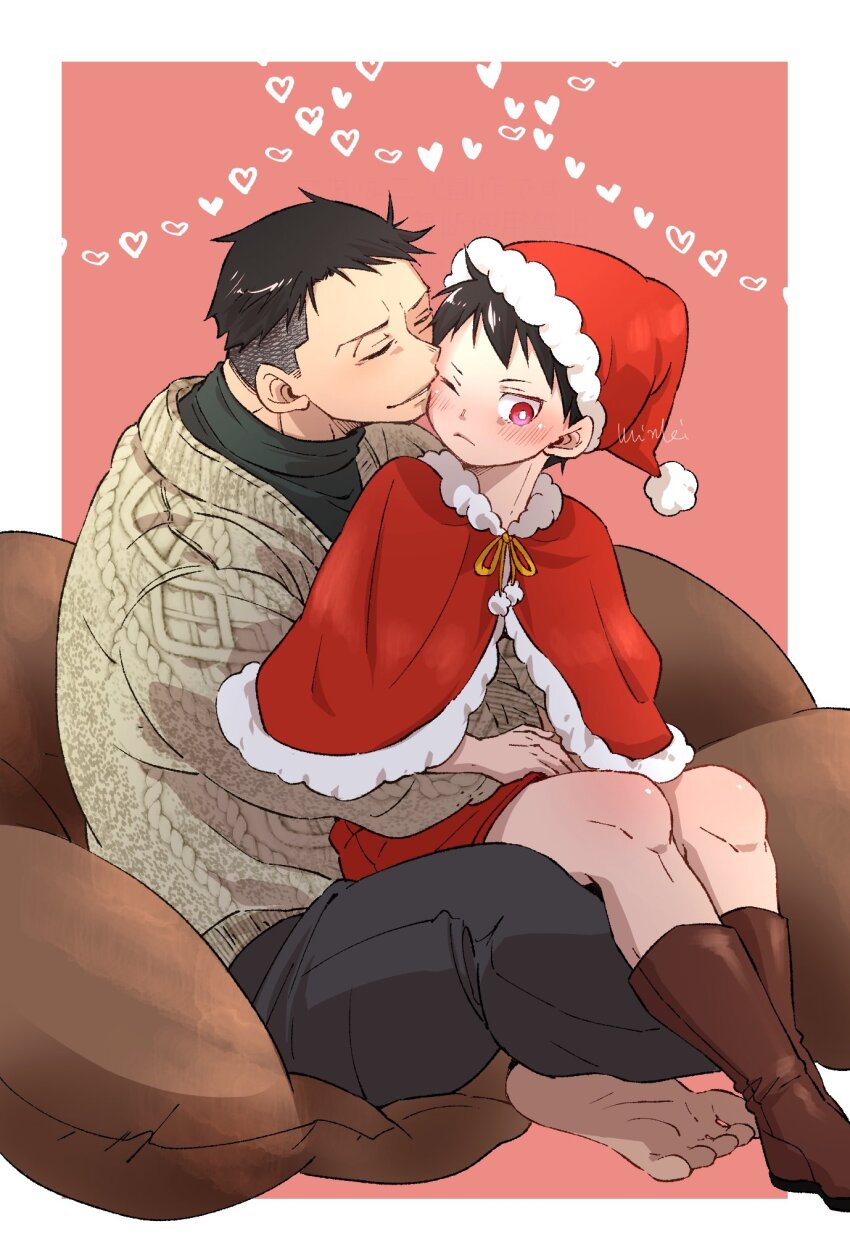 2boys, age_difference, akitaru_oubi, black_hair, black_pants, boots, border, brown_footwear