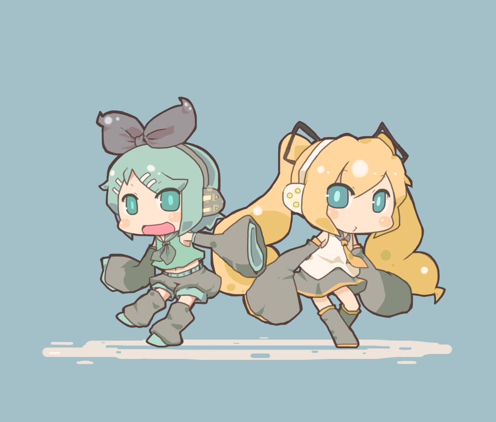 2girls, alternate_color, alternate_hair_color, aqua_eyes, aqua_hair, blonde_hair, chibi, detached_sleeves