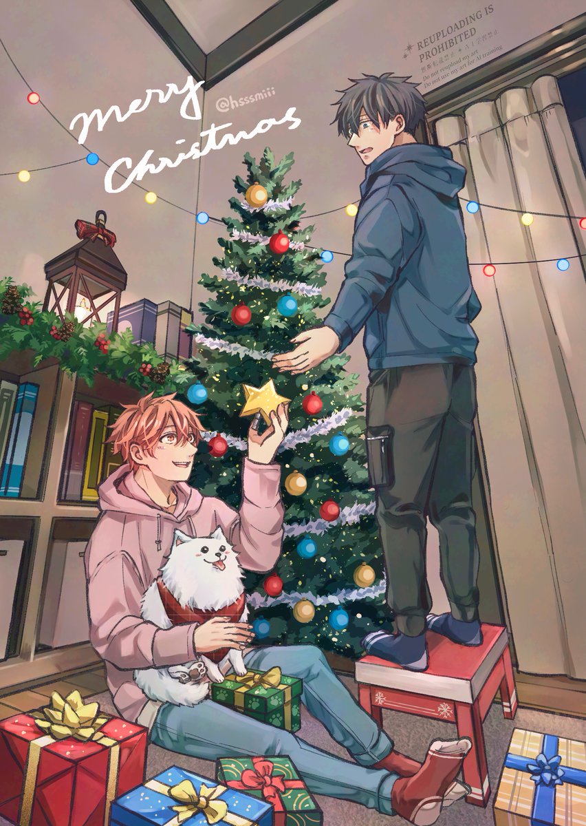 2boys, artist_name, black_hair, blue_eyes, blue_hoodie, blue_socks, book, box