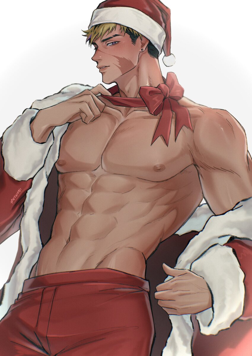 1boy, abs, bare_pectorals, blonde_hair, bow, christmas, coat, cowboy_shot, ear_piercing, fur-trimmed_coat, fur_trim, hat, highres, hnywoni, large_pectorals, looking_at_viewer, male_focus, muscular, muscular_male, navel, nijisanji, nijisanji_en, nipples, open_clothes, open_coat, pants, parted_lips, pectorals, piercing, red_bow, red_pants, red_ribbon, ribbon, santa_costume, santa_hat, short_hair, single_bare_shoulder, solo, teeth, undercut, undressing, vantacrow_bringer, virtual_youtuber