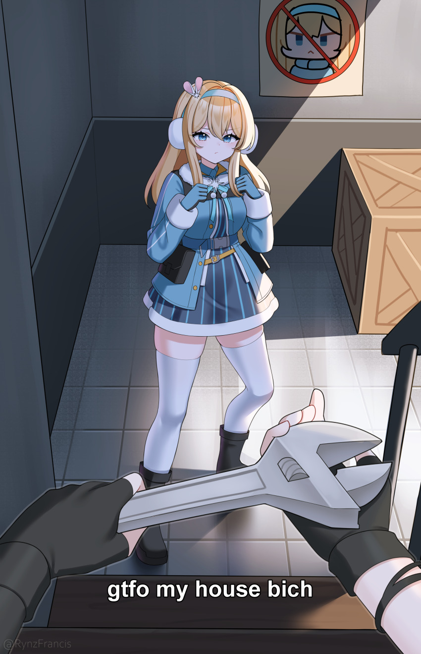 2girls, absurdres, adjustable_wrench, black_footwear, black_gloves, blonde_hair, blue_dress, blue_eyes