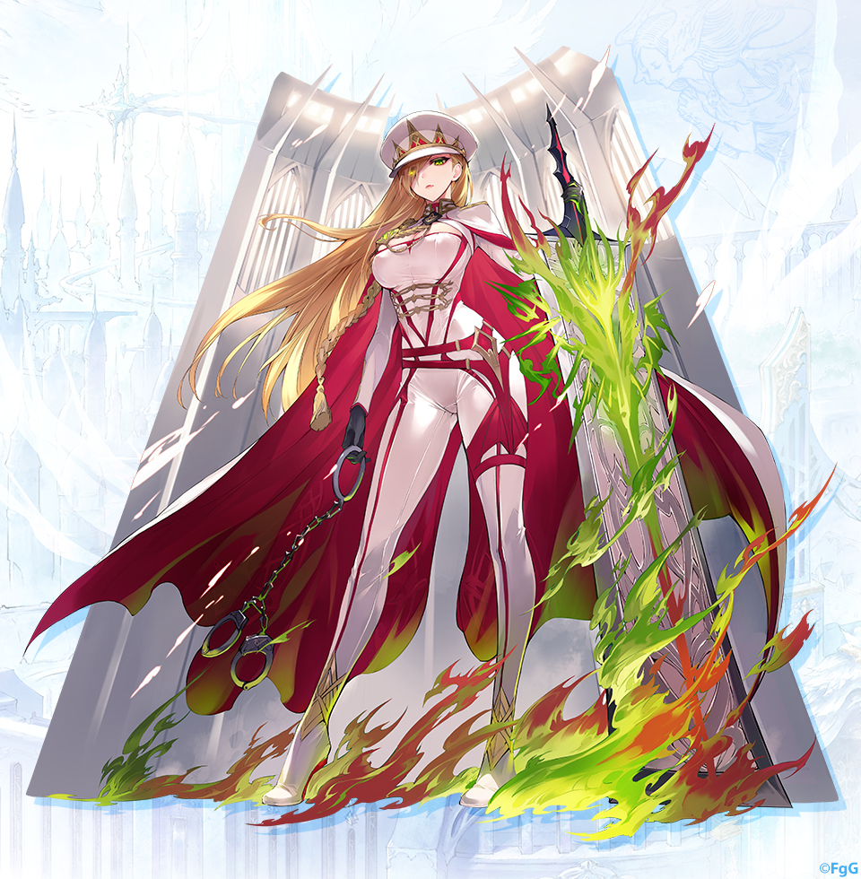 1girl, black_gloves, blonde_hair, breasts, cloak, closed_mouth, covered_navel, cuffs, dainsleif_(phantom_of_the_kill), fire, full_body, gloves, green_eyes, green_fire, hair_over_one_eye, handcuffs, hat, holding, holding_handcuffs, holding_sword, holding_weapon, huge_weapon, large_breasts, long_hair, looking_at_viewer, official_alternate_costume, official_art, orange_fire, phantom_of_the_kill, red_cloak, second-party_source, shibuhiko, solo, standing, sword, two-sided_cloak, two-sided_fabric, weapon, white_cloak, white_hat