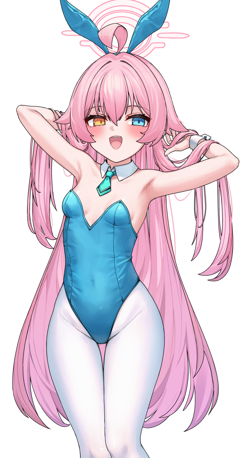 1girl, absurdres, ahoge, amae, animal_ears, arms_behind_head, blue_archive, blue_eyes, blue_leotard, blue_necktie, breasts, detached_collar, fake_animal_ears, halo, heterochromia, highres, hoshino_(blue_archive), leotard, loli, long_hair, looking_at_viewer, necktie, open_mouth, pantyhose, pink_hair, pink_halo, playboy_bunny, rabbit_ears, rabbit_tail, simple_background, small_breasts, smile, solo, strapless, strapless_leotard, tail, thigh_gap, white_background, white_pantyhose, wrist_cuffs, yellow_eyes