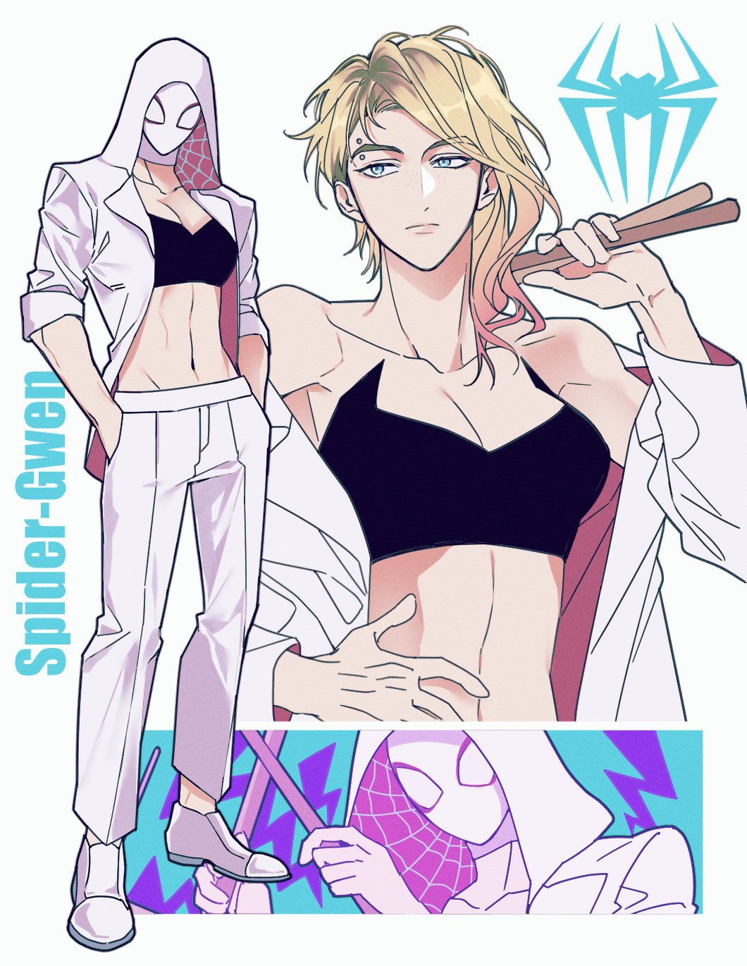 1girl, abs, animification, blonde_hair, blue_eyes, breasts, eyebrow_piercing, face_piercing