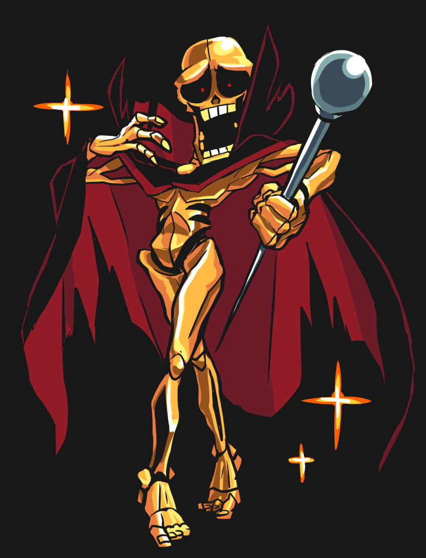 1boy, armor, black_background, black_sclera, cape, colored_sclera, full_body, furrowed_brow