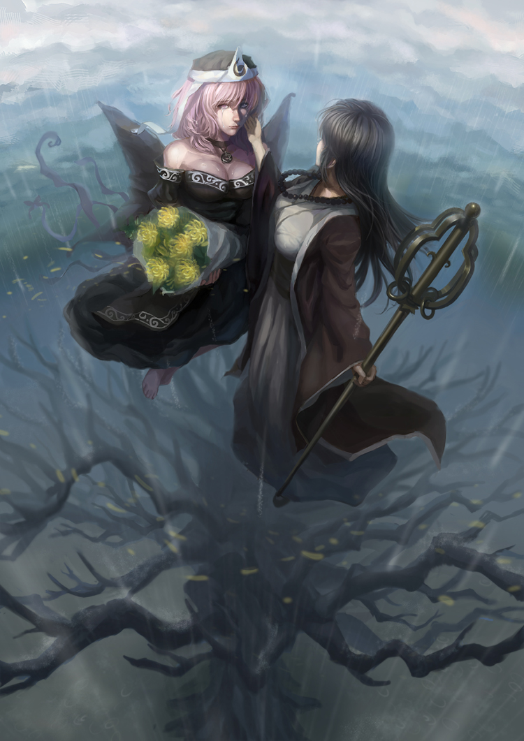 2girls, adapted_costume, alternate_costume, bare_shoulders, barefoot, beads, black_hair, bouquet