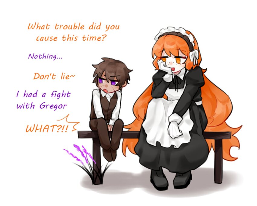 1boy, 1girl, aged_down, apron, black_dress, black_footwear, brown_hair, brown_vest