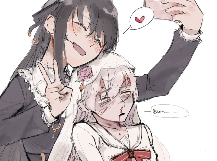 2girls, :d, ^_^, arcaea, arm_up, black_hair, black_ribbon, blood, blood_on_face, blush, bruise, cellphone, chinese_commentary, closed_eyes, commentary_request, double-parted_bangs, earrings, flower, hair_ribbon, happy, heart, highres, hikari_(arcaea), hikari_(zero)_(arcaea), holding, holding_phone, injury, jewelry, long_hair, long_sleeves, multiple_girls, napdayo, neck_ribbon, nosebleed, open_mouth, pain, phone, pink_flower, red_ribbon, ribbon, rolling_eyes, ryona, sailor_collar, sailor_shirt, selfie, shirt, sidelocks, simple_background, sketch, smartphone, smile, spoken_heart, tairitsu_(arcaea), tairitsu_(axium)_(arcaea), upper_body, v, veil, white_background, white_hair, white_sailor_collar, white_shirt, white_veil, yandere, yuri