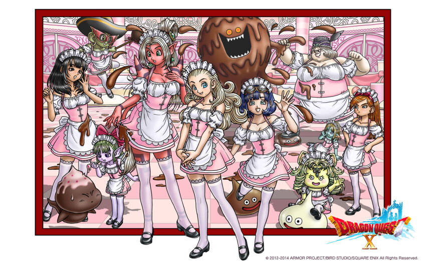 6+girls, anlucea, apron, artist_request, aruue, black_eyes, black_footwear, black_hair