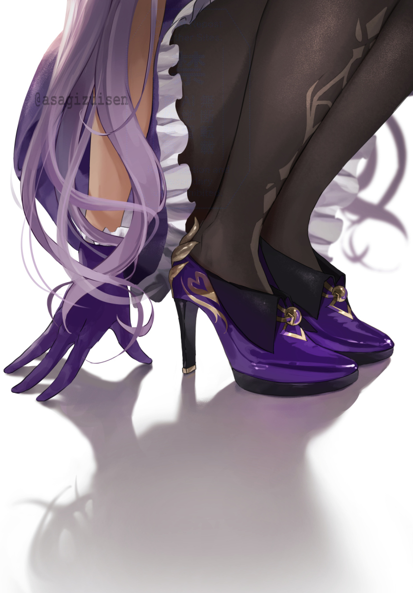 1girl, asagizuisen, black_pantyhose, dress, foot_focus, genshin_impact, gloves, high_heels, highres, keqing_(genshin_impact), long_hair, lower_body, pantyhose, purple_dress, purple_footwear, purple_gloves, purple_hair, shadow, simple_background, solo, squatting, twitter_username