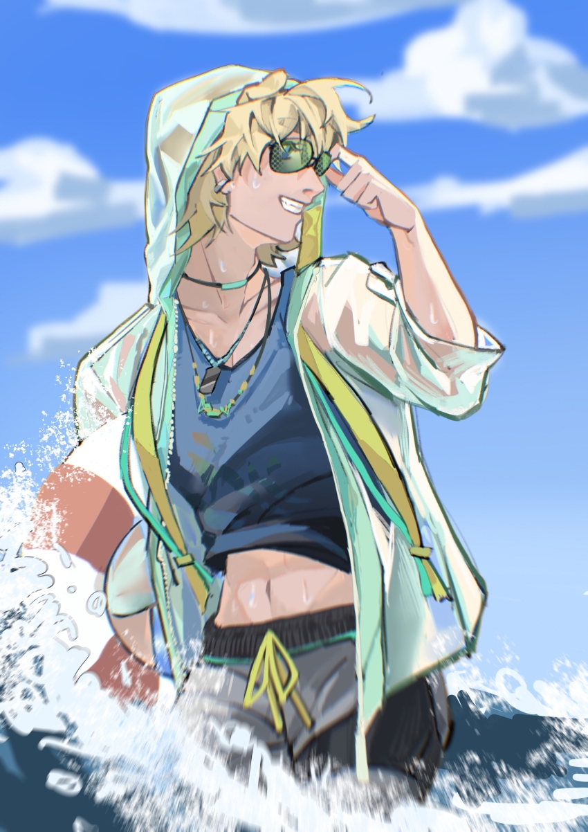 1boy, abs, absurdres, adjusting_eyewear, animal_ears, arknights, blonde_hair, blue_sky