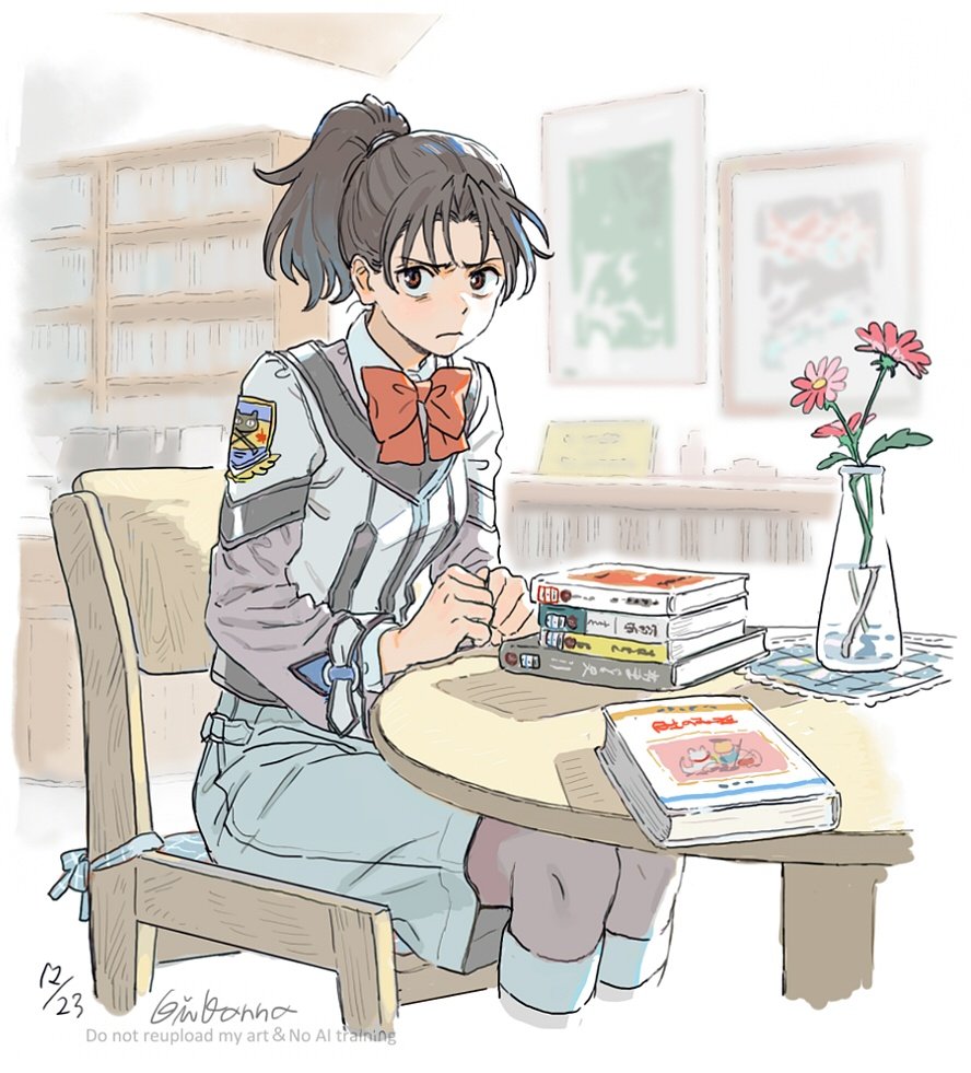 1girl, black_hair, book, book_stack, bookshelf, brown_eyes, english_text, flower