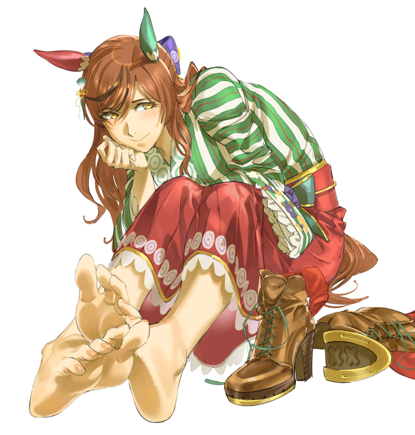 1girl, absurdres, animal_ears, ankle_boots, barefoot, blush, boots, brown_hair, brown_shoes, feet, foot_focus, high_heel_boots, high_heels, highres, horse_ears, horse_girl, lace-up_boots, long_hair, looking_at_viewer, nice_nature_(converging_wishes)_(umamusume), nice_nature_(umamusume), ruukii_drift, shoe_soles, shoes, smile, soles, toes, umamusume, unworn_boots, unworn_shoes, yellow_eyes