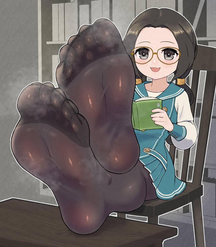 1girl, absurdres, black_eyes, black_hair, bokujou_monogatari, book, bookshelf, chair, feet, feet_on_table, glasses, highres, light_blush, long_hair, looking_at_viewer, low_twintails, marie_(bokujou_monogatari), open_mouth, pantyhose, sitting, soles, steam, table, toes, twintails, urin_(littleurin)