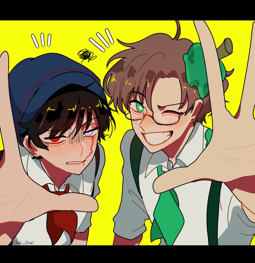 2boys, animification, beanie, black_hair, blush, brown_hair, clint_oriel, commentary