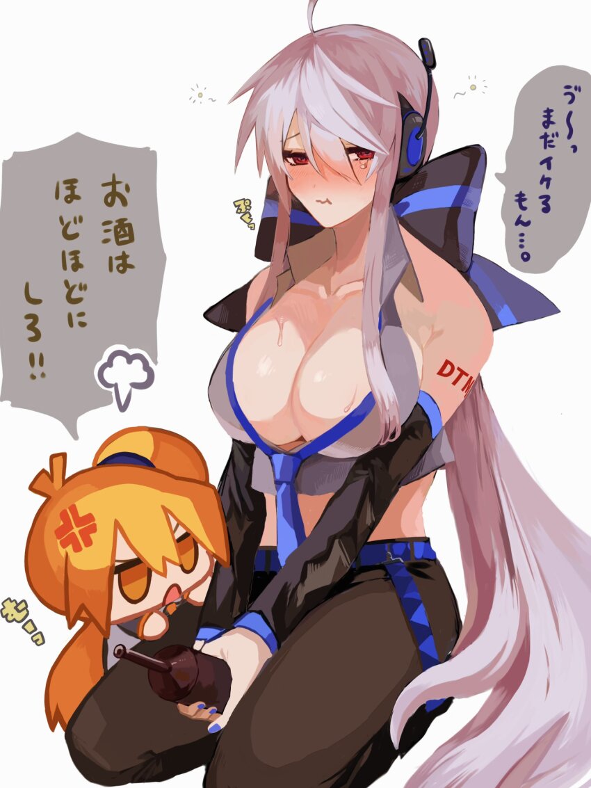 2girls, ahoge, akita_neru, anger_vein, bare_shoulders, black_pants, black_sleeves, blonde_hair