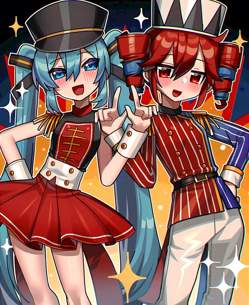 2girls, belt, black_hat, black_shirt, blue_eyes, blue_hair, blue_shirt, candycookiechocolate_(vocaloid)