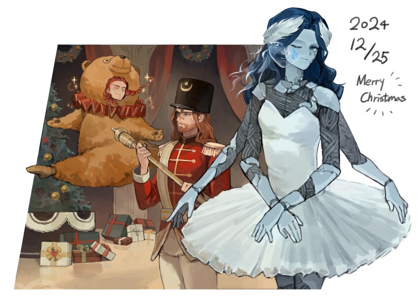 1girl, 2boys, absurdres, bear, blue_eyes, blue_hair, blue_skin, brother_and_sister