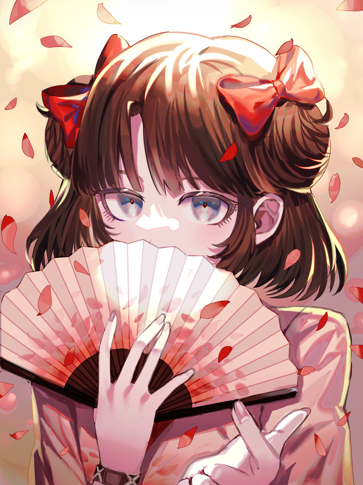 1girl, blue_eyes, bow, brown_hair, character_request, comiclove1314, covered_mouth, double_bun