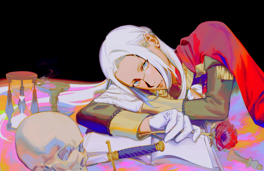 1girl, absurdres, black_background, blue_eyes, book, capelet, closed_mouth, commentary, dagger, edelgard_von_hresvelg, english_commentary, fire_emblem, fire_emblem:_three_houses, flower, garreg_mach_monastery_uniform, gloves, hand_on_own_arm, head_rest, highres, holding, holding_flower, hourglass, juliet_sleeves, kaliumxxx, knife, leaning_on_object, leaning_to_the_side, long_hair, long_sleeves, looking_at_viewer, nintendo, open_book, parted_bangs, pink_lips, puffy_sleeves, red_capelet, red_flower, simple_background, skull, solo, table, weapon, white_gloves, white_hair