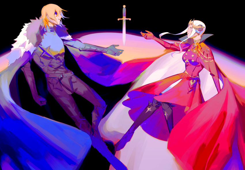 1boy, 1girl, absurdres, arm_up, black_background, black_footwear, black_fur, black_suit, blue_cape, boots, breasts, cape, closed_mouth, collared_cape, commentary, couple, dagger, dimitri_alexandre_blaiddyd, dimitri_alexandre_blaiddyd_(timeskip), double_bun, dress, edelgard_von_hresvelg, edelgard_von_hresvelg_(timeskip), english_commentary, eyepatch, fake_horns, fire_emblem, fire_emblem:_three_houses, floating, formal_clothes, from_side, fur-trimmed_cape, fur_trim, gloves, hair_between_eyes, hair_bun, hair_up, headpiece, high_collar, highres, horns, kaliumxxx, knife, long_sleeves, looking_at_object, medium_breasts, messy_hair, nintendo, parted_lips, purple_eyes, red_cape, red_dress, red_gloves, short_hair, simple_background, suit, weapon, white_hair