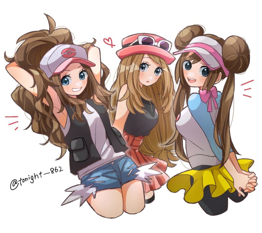 3girls, baseball_cap, black_hair, black_pantyhose, black_thighhighs, blonde_hair, blue_eyes, breasts