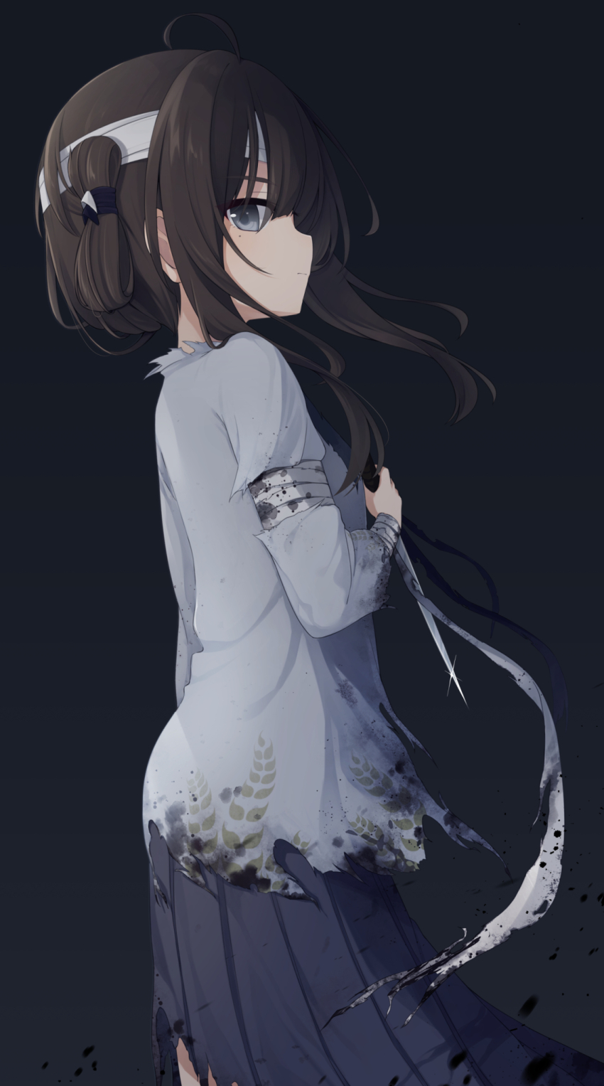 1girl, ahoge, bandaged_arm, bandaged_head, bandages, black_hair, blue_skirt, brown_hair