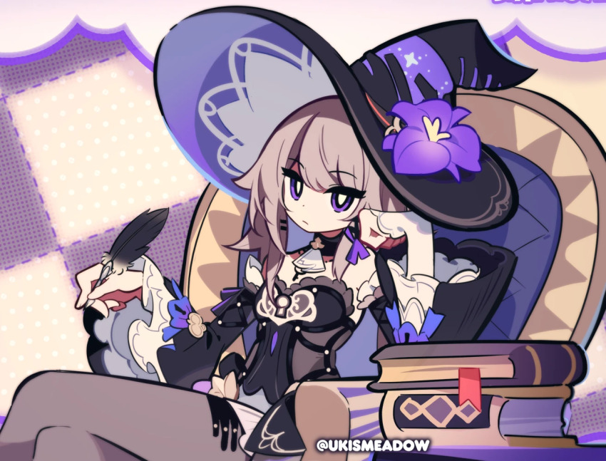 1girl, bare_shoulders, black_dress, black_hat, book, bright_pupils, detached_sleeves, dress