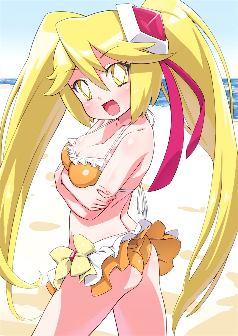 1girl, ass, beach, bikini, bikini_skirt, blonde_hair, blush, breasts, crossed_arms, diamond-shaped_pupils, diamond_(shape), diamond_queen, frilled_bikini, frills, kaitou_joker, long_hair, looking_at_viewer, open_mouth, orange_bikini, outdoors, senzoc, small_breasts, smile, solo, swimsuit, symbol-shaped_pupils, twintails, very_long_hair, water, yellow_eyes