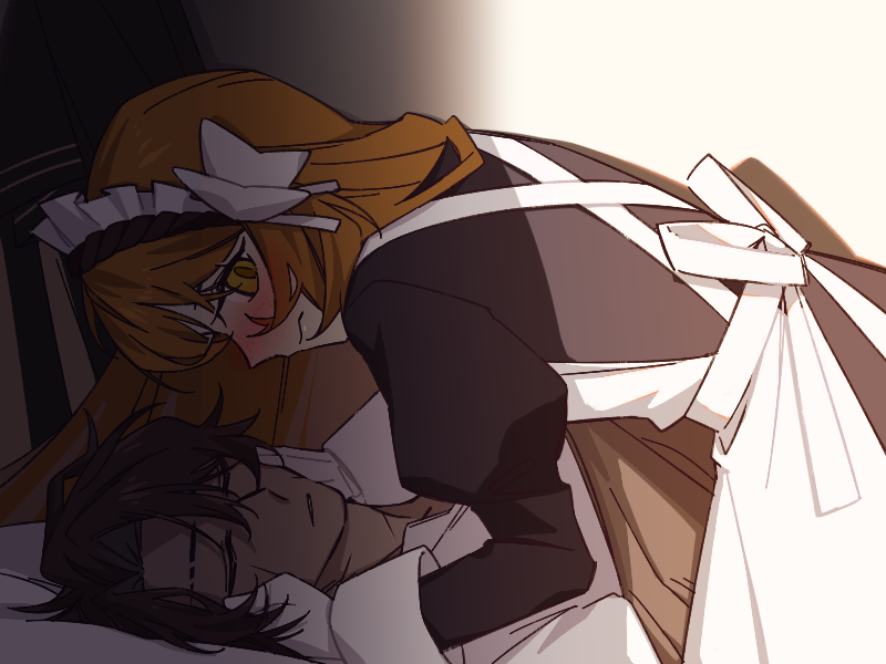 1boy, 1girl, apron, black_dress, blush, bow, closed_mouth, dress, gloves, green_eyes, hair_bow, heathcliff_(project_moon), hetero, ishmael_(project_moon), juliet_sleeves, limbus_company, long_hair, long_sleeves, looking_at_viewer, maid, maid_apron, maid_headdress, mercuryhx, orange_hair, project_moon, puffy_sleeves, rope, sidelocks, sleeping, sleeve_cuffs, under_covers, very_long_hair, white_bow, white_gloves, wuthering_heights_(identity)_(project_moon)