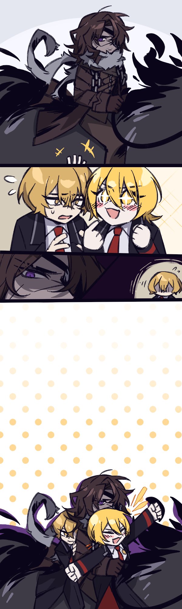 1girl, 2boys, :3, blonde_hair, blush, brown_coat, brown_gloves, brown_pants