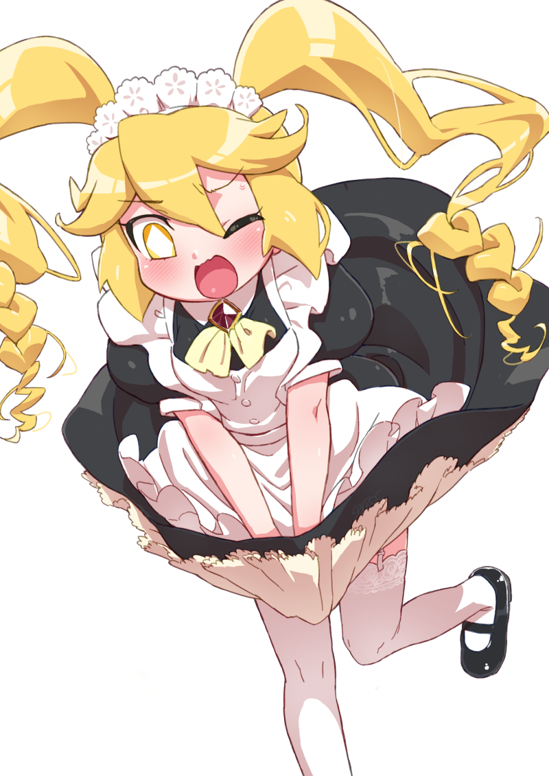 1girl, apron, black_dress, blonde_hair, blush, brooch, commentary_request, diamond-shaped_pupils
