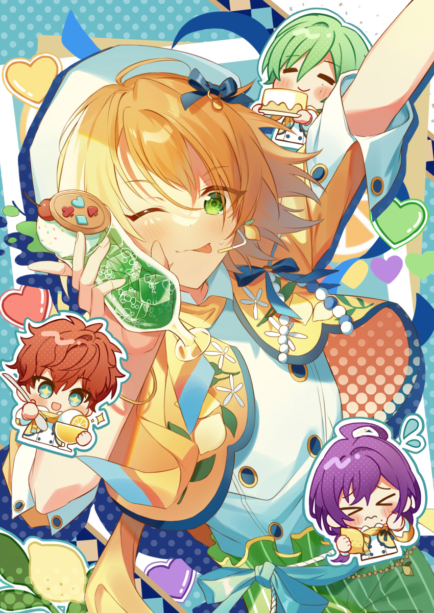 >_<, +_+, 1girl, 3boys, absurdres, amagi_hiiro, ayase_mayoi, beret