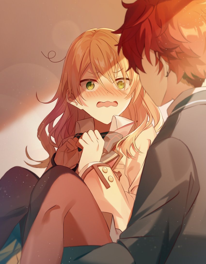 1boy, 1girl, amagi_hiiro, black_bow, black_pantyhose, blonde_hair, blurry, blush