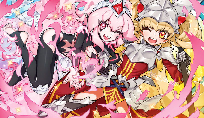 2girls, armor, armored_dress, artist_name, barefoot, blonde_hair, bodysuit, centur-ion_primera