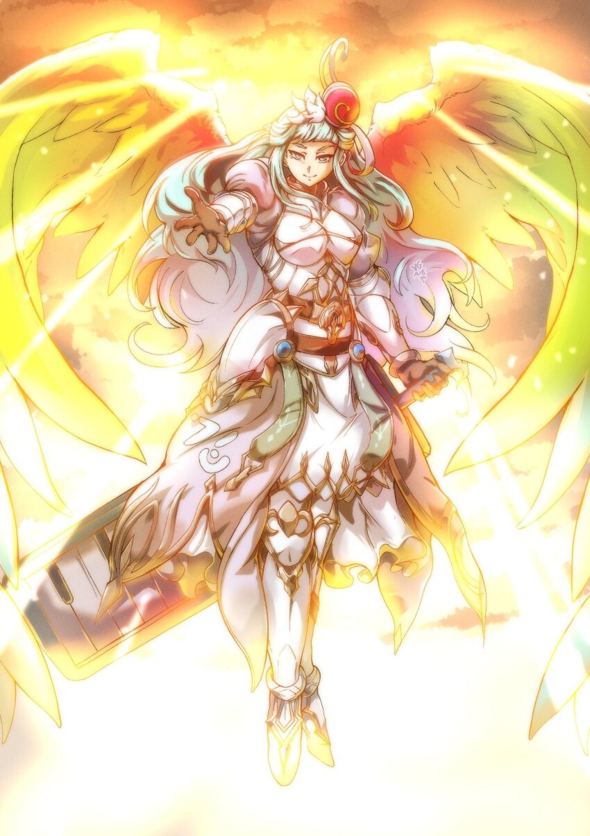 1girl, angel, angel_wings, armor, armored_boots, armored_dress, blue_dress, blue_eyes, blue_hair, boots, breasts, commission, dress, duel_monster, full_body, hair_ornament, highres, holding, holding_sword, holding_weapon, large_breasts, light_rays, long_hair, number_76_harmonizer_gradielle, reaching, reaching_towards_viewer, smile, solo, sword, very_long_hair, vincent_graphic_art, wavy_hair, weapon, wings, yu-gi-oh!