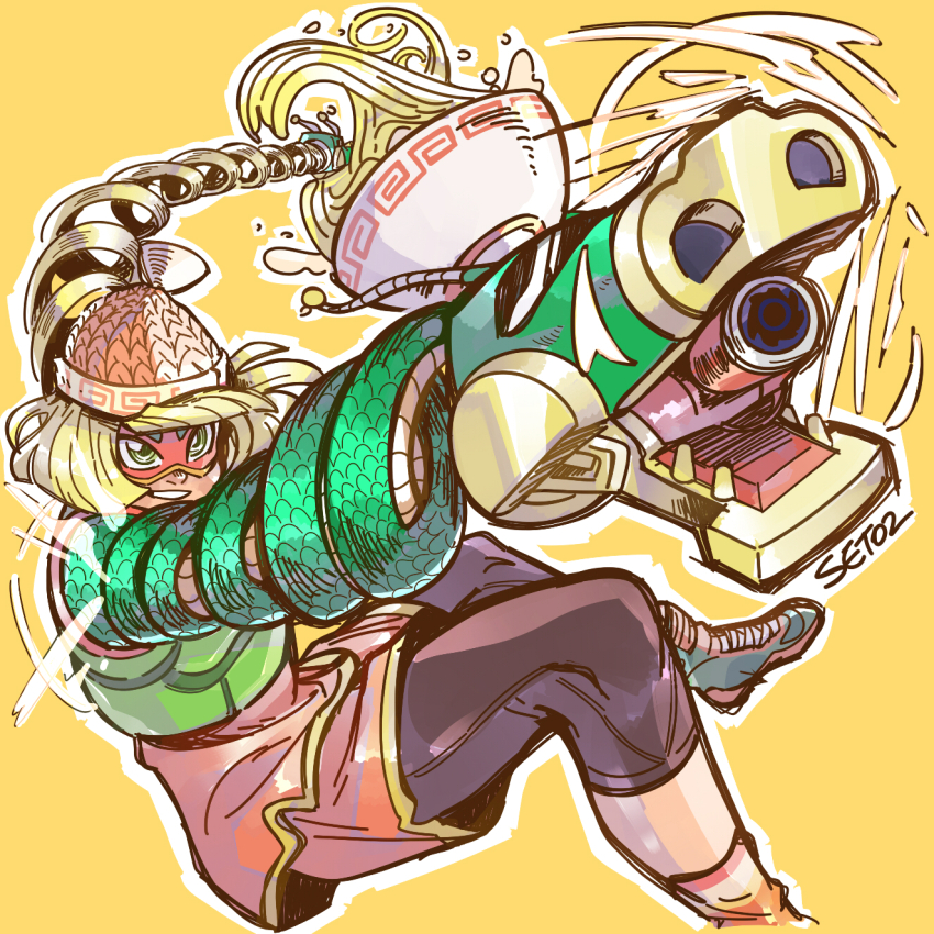 1girl, arms_(game), beanie, blonde_hair, blunt_bangs, bob_cut, bowl, domino_mask