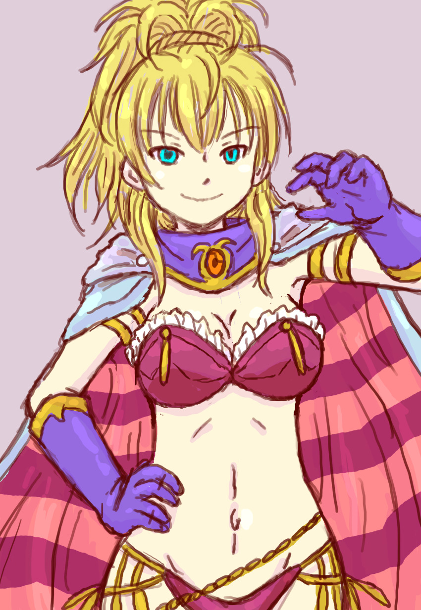 1girl, aqua_eyes, armor, bikini_armor, blonde_hair, breasts, cape, cleavage, floves, half-closed_eyes, hand_on_own_hip, highres, large_breasts, legs, looking_at_viewer, navel, ponytail, protagonist_(romancing_saga_2), romancing_saga_2, saga, seductive_gaze, seductive_smile, smile, solo, square_enix, thighs