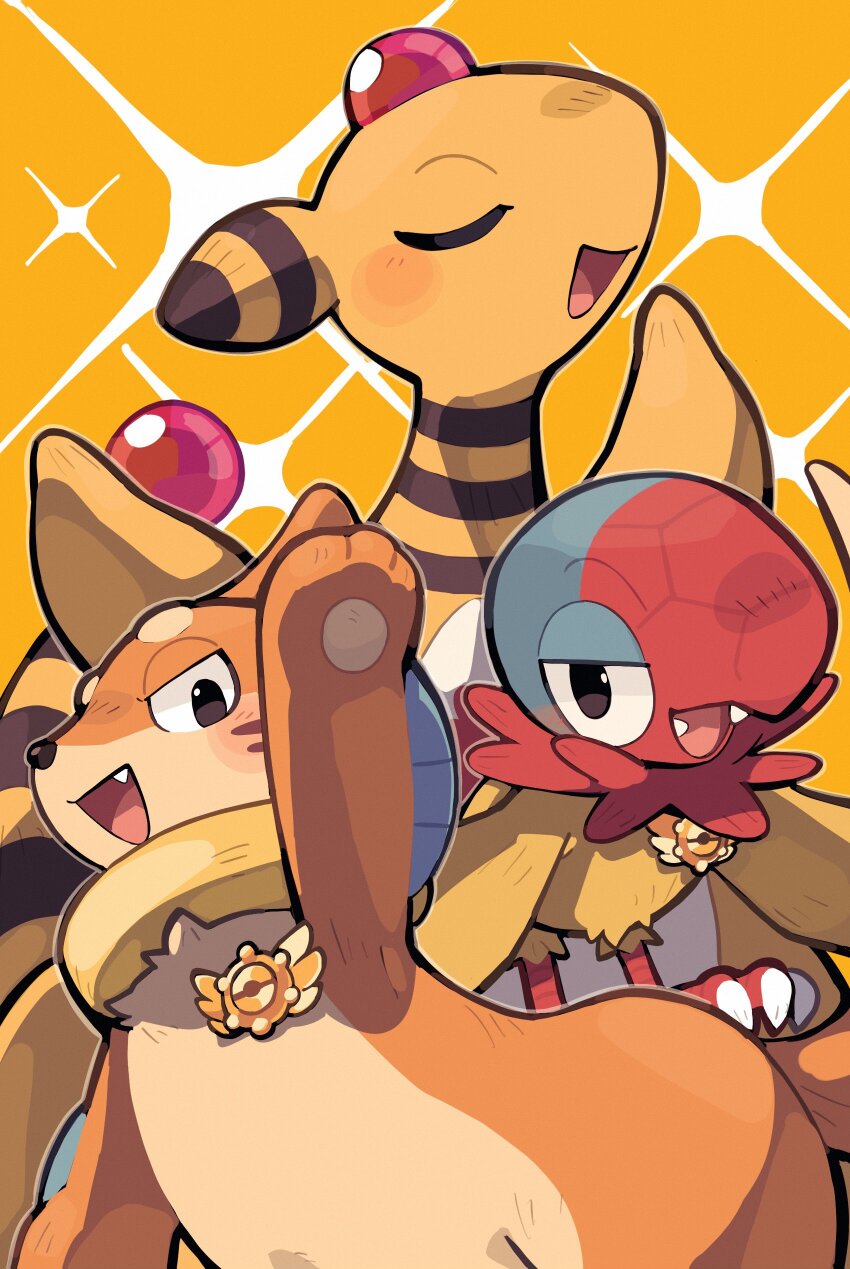 aaarkgkaaa, absurdres, ampharos, archen, badge, black_eyes, blush, buizel