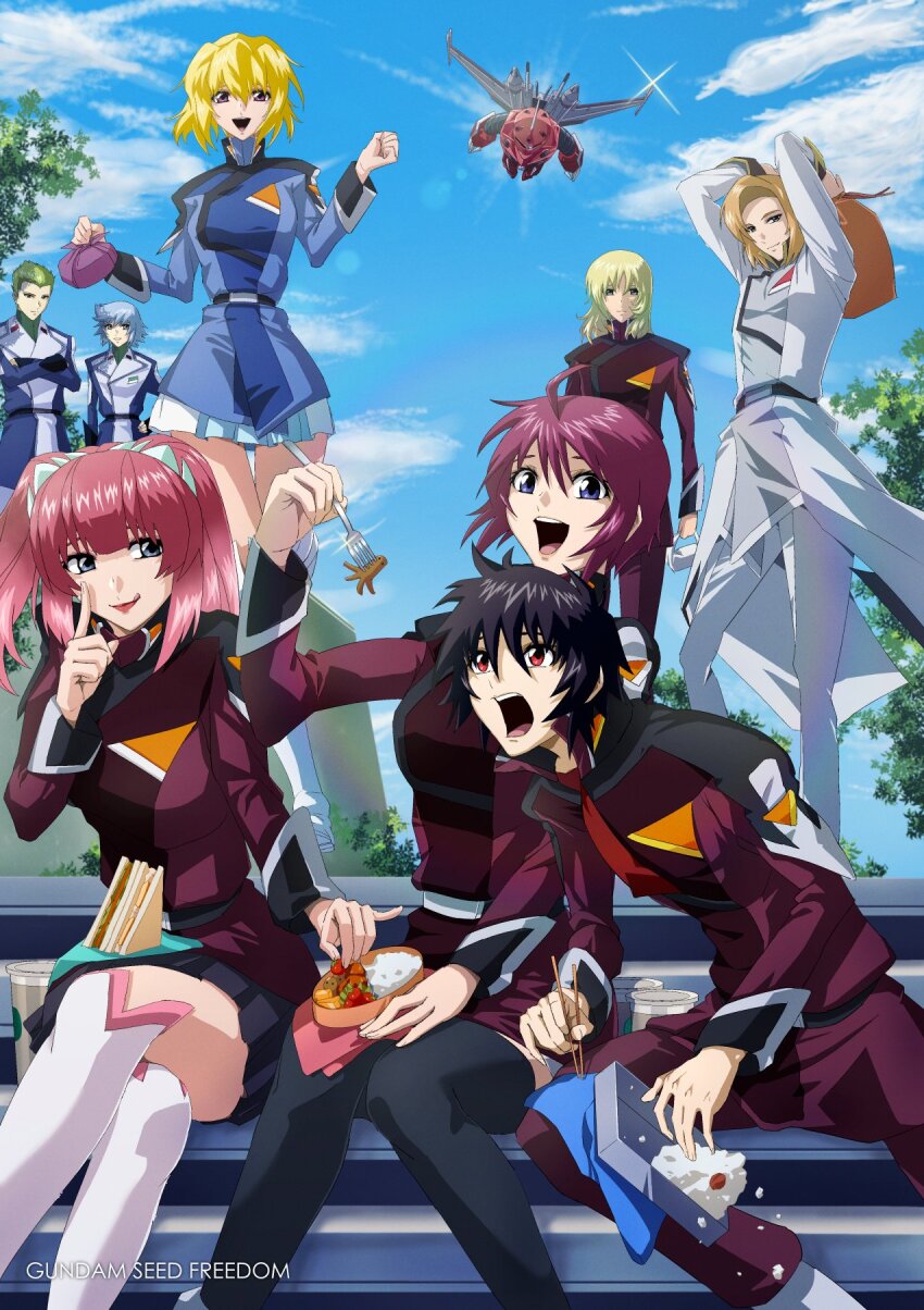 3girls, 5boys, agnes_giebenrath, alternate_color, auel_neider, bento, black_hair, blonde_hair