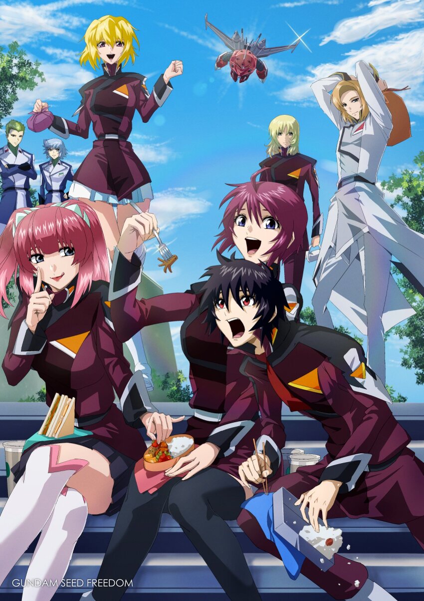 3girls, 5boys, agnes_giebenrath, auel_neider, bento, black_hair, blonde_hair, chopsticks, compass_uniform, copyright_name, eating, food, fork, gundam, gundam_seed, gundam_seed_destiny, gundam_seed_freedom, heine_westenfluss, highres, holding, holding_fork, looking_at_viewer, lunamaria_hawke, lunchbox, military_uniform, multiple_boys, multiple_girls, purple_eyes, red_eyes, red_hair, rey_za_burrel, sandwich, shinn_asuka, sitting, skirt, smile, stellar_loussier, sting_oakley, takatoshi, z'gok_(seed)
