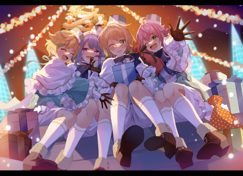 4boys, absurdres, black_gloves, blonde_hair, blue_hair, blue_hat, blue_ribbon, blunt_bangs